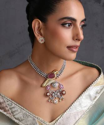 Gold plated multicolor polki pendant necklace set 1