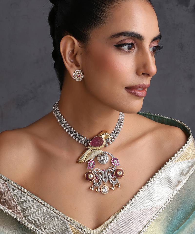 Gold plated multicolor polki pendant necklace set