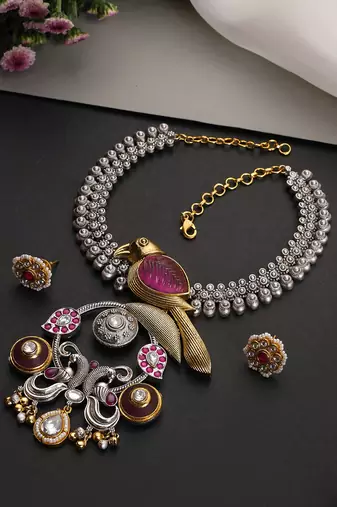 Gold plated multicolor polki pendant necklace set