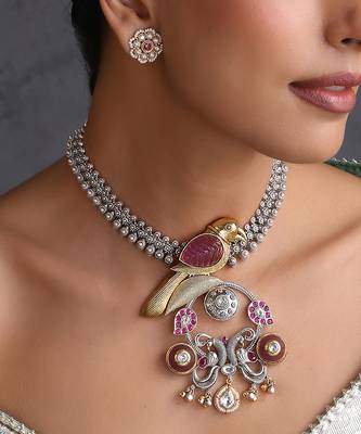 Gold plated multicolor polki pendant necklace set 3