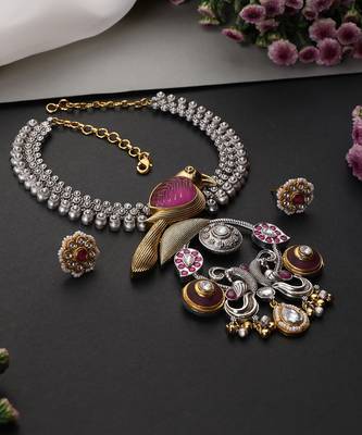 Gold plated multicolor polki pendant necklace set 4