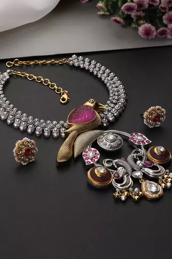 Gold plated multicolor polki pendant necklace set
