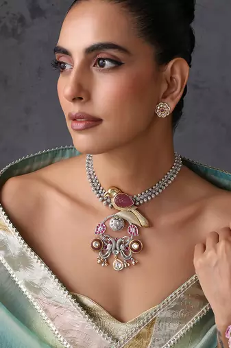 Gold plated multicolor polki pendant necklace set