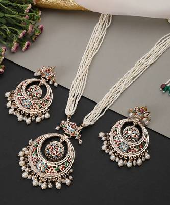 Gold plated white jadau pendant necklace set 4
