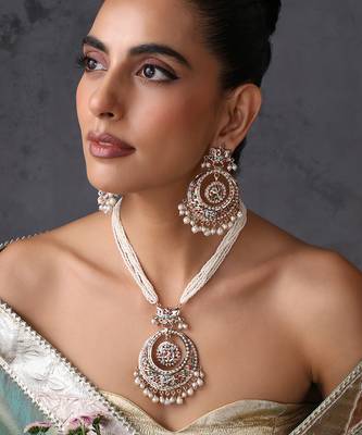 Gold plated white jadau pendant necklace set 5