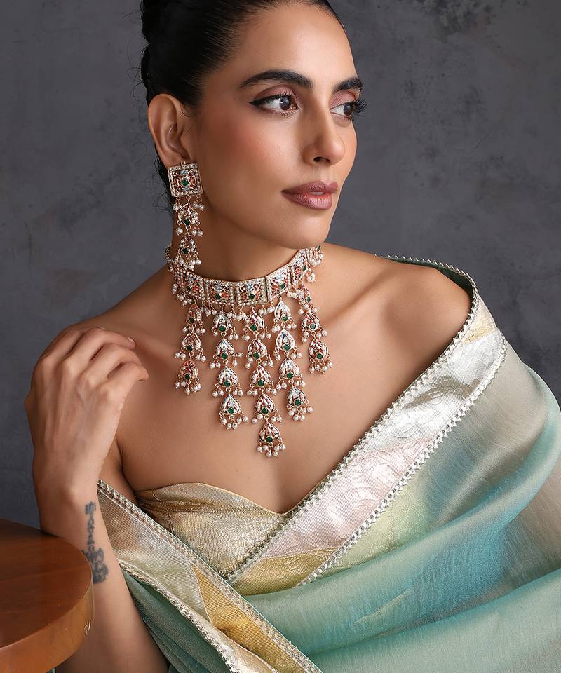 Gold plated multicolor jadau choker set