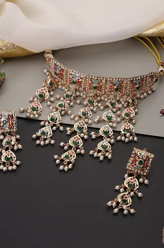 Gold plated multicolor jadau choker set