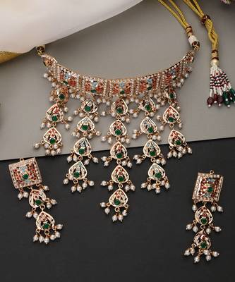Gold plated multicolor jadau choker set 4