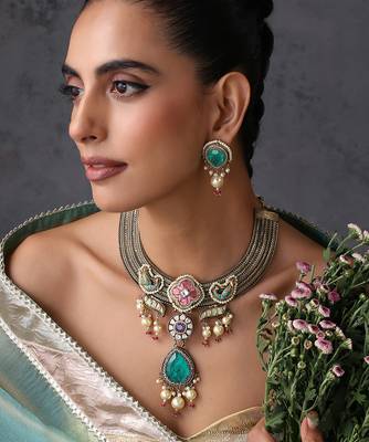 Gold plated blue polki necklace set 1