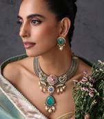 Gold plated blue polki necklace set