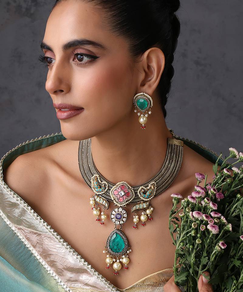 Gold plated blue polki necklace set