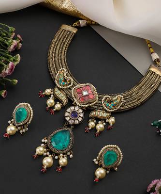 Gold plated blue polki necklace set 2