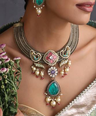 Gold plated blue polki necklace set 3