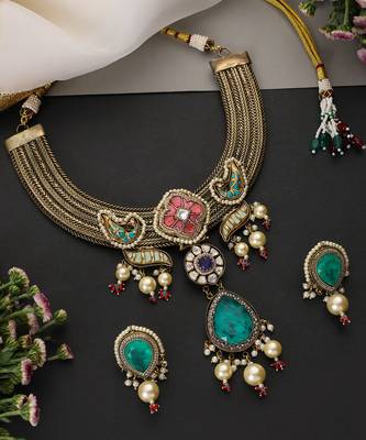 Gold plated blue polki necklace set 4