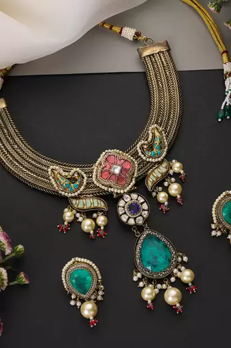 Gold plated blue polki necklace set