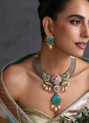Gold plated blue polki necklace set 5