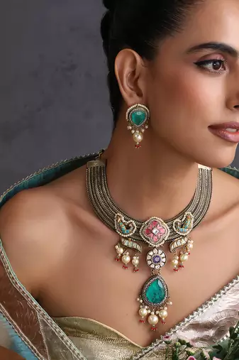 Gold plated blue polki necklace set