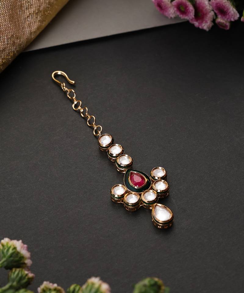 Gold plated ruby red kundan maang tikka