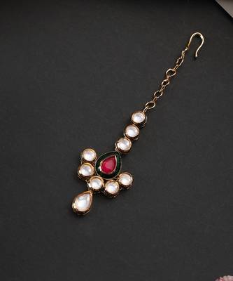 Gold plated ruby red kundan maang tikka 3