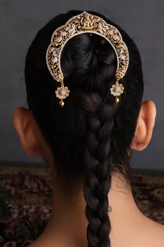 Gold plated temple motif braid hair pin
