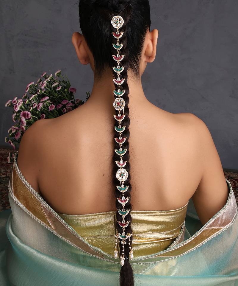 Gold plated multicolor kundan long sheeshphool