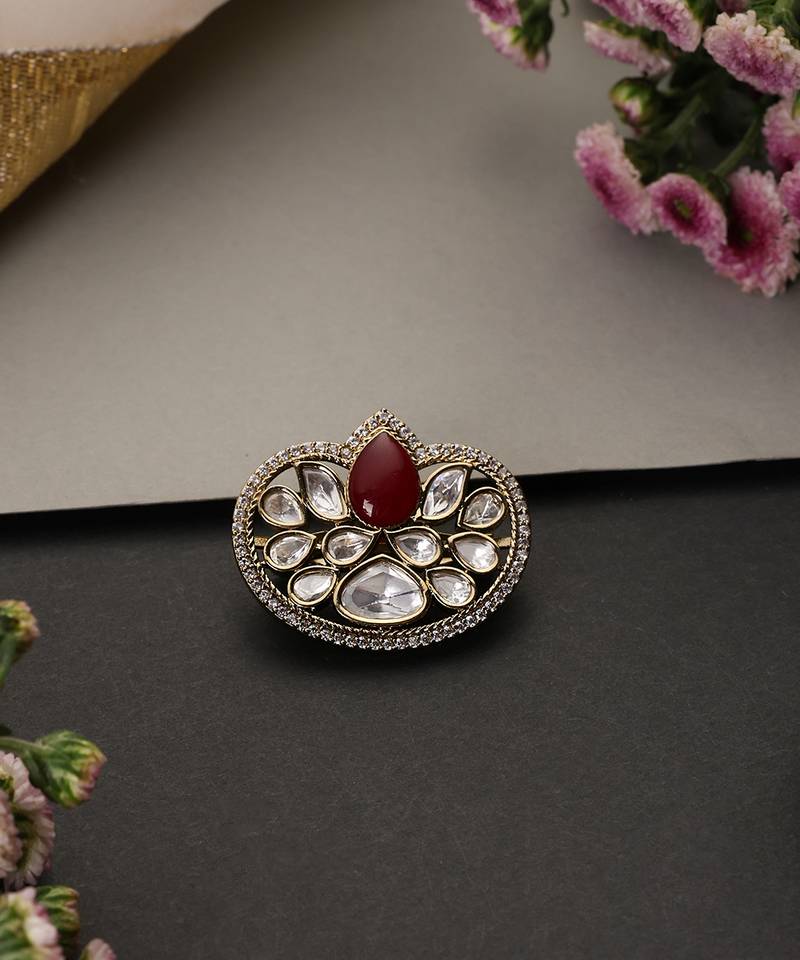 Gold plated red polki brooch