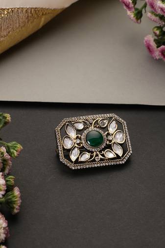 Gold plated green polki brooch