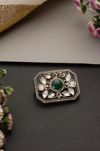 Gold plated green polki brooch