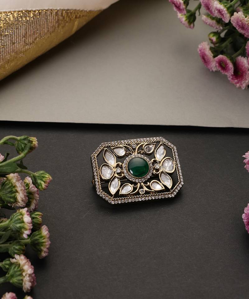 Gold plated green polki brooch