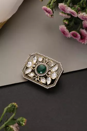 Gold plated green polki brooch