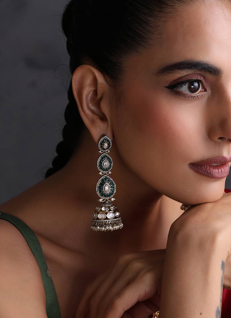 Green polki dangler jhumka earrings