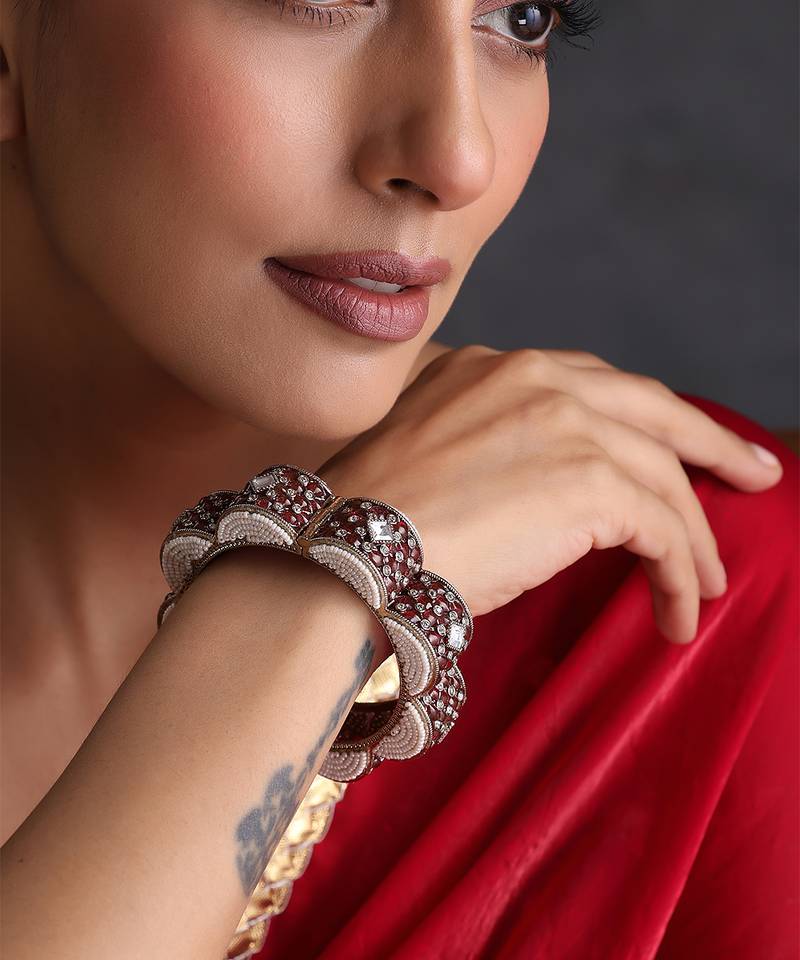 Gold plated ruby red polki kada
