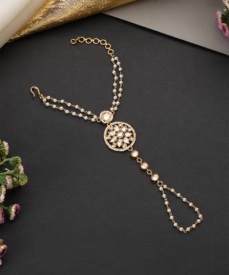 Gold plated beaded polki hathphool 2