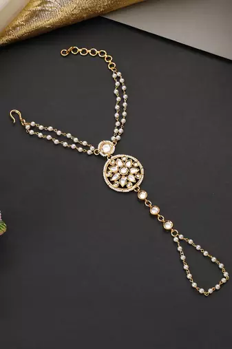 Gold plated beaded polki hathphool