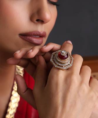 Gold plated ruby red polki adjustable ring 1