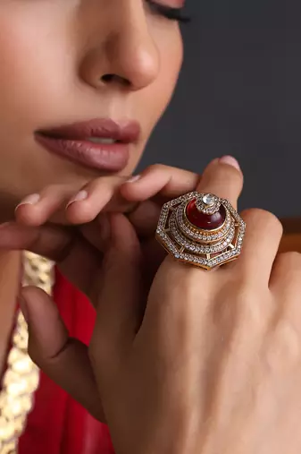 Gold plated ruby red polki adjustable ring