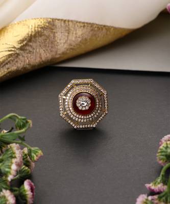 Gold plated ruby red polki adjustable ring 2
