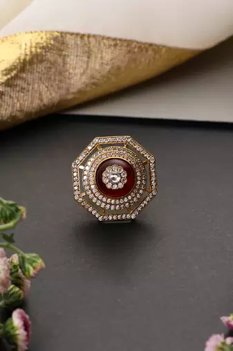 Gold plated ruby red polki adjustable ring