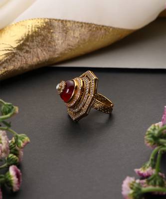 Gold plated ruby red polki adjustable ring 3