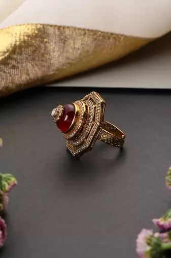 Gold plated ruby red polki adjustable ring