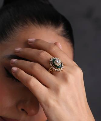 Gold plated green polki adjustable ring 1