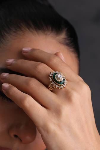 Gold plated green polki adjustable ring