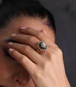 Gold plated green polki adjustable ring
