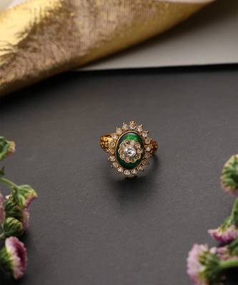 Gold plated green polki adjustable ring 2