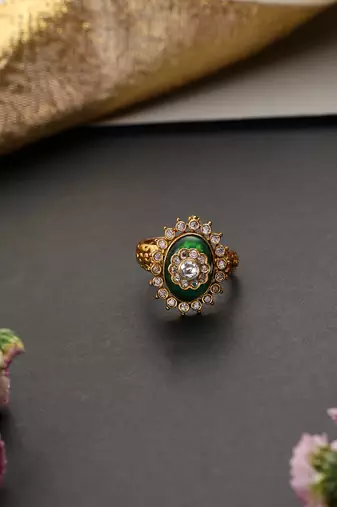 Gold plated green polki adjustable ring