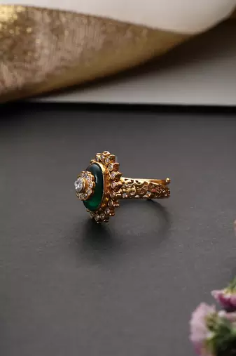 Gold plated green polki adjustable ring
