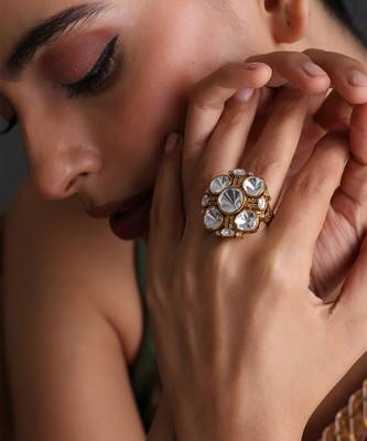 Gold plated white polki adjustable ring 1