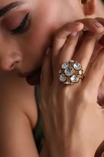 Gold plated white polki adjustable ring