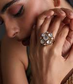 Gold plated white polki adjustable ring