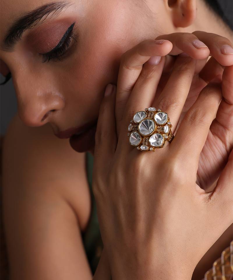 Gold plated white polki adjustable ring
